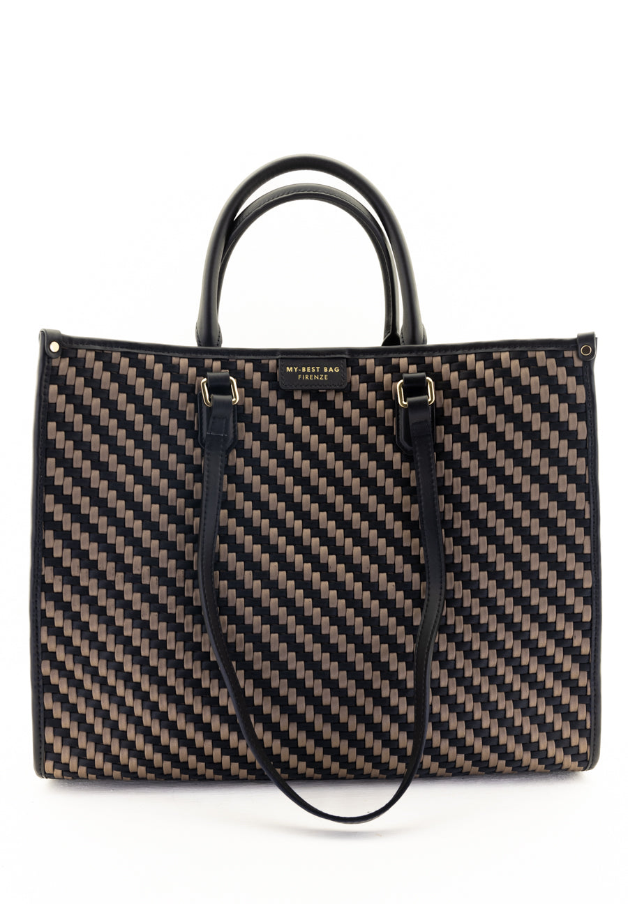 Shopper Atena in raso intrecciato nero e marrone My Best Bag