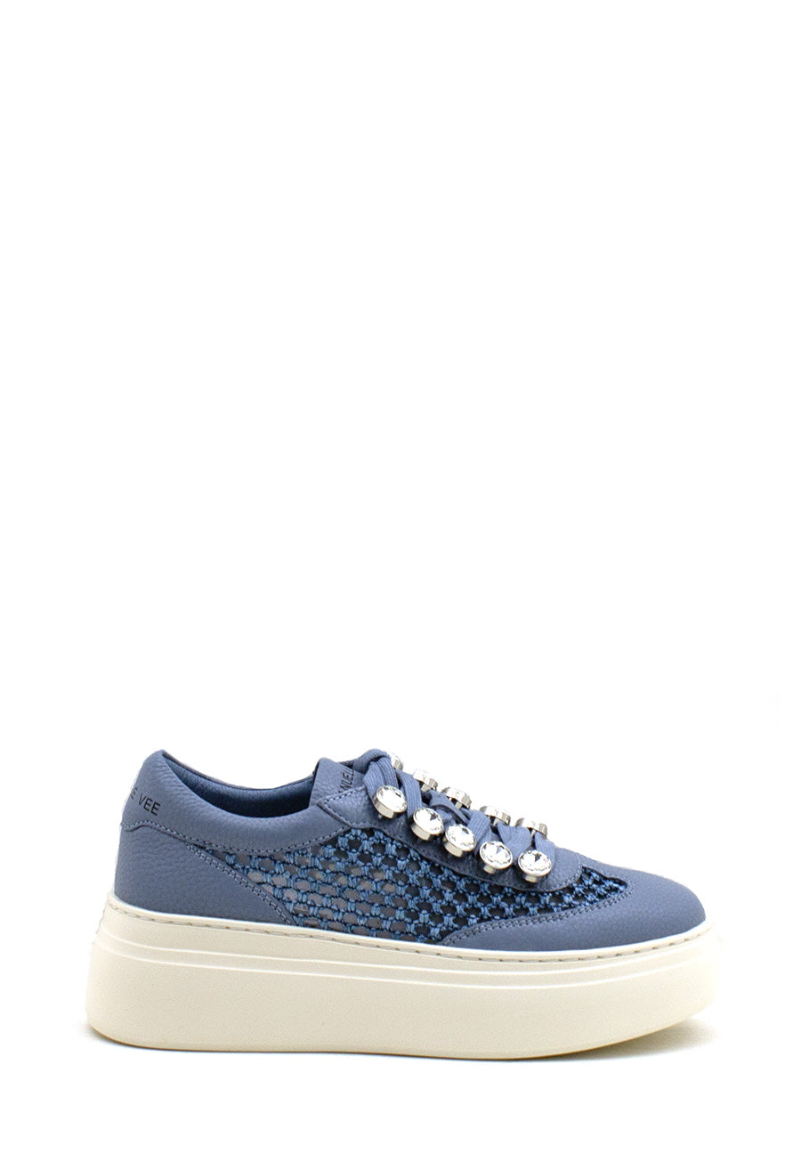 Sneaker celeste con maxi-strass e rafia Emanuelle Vee