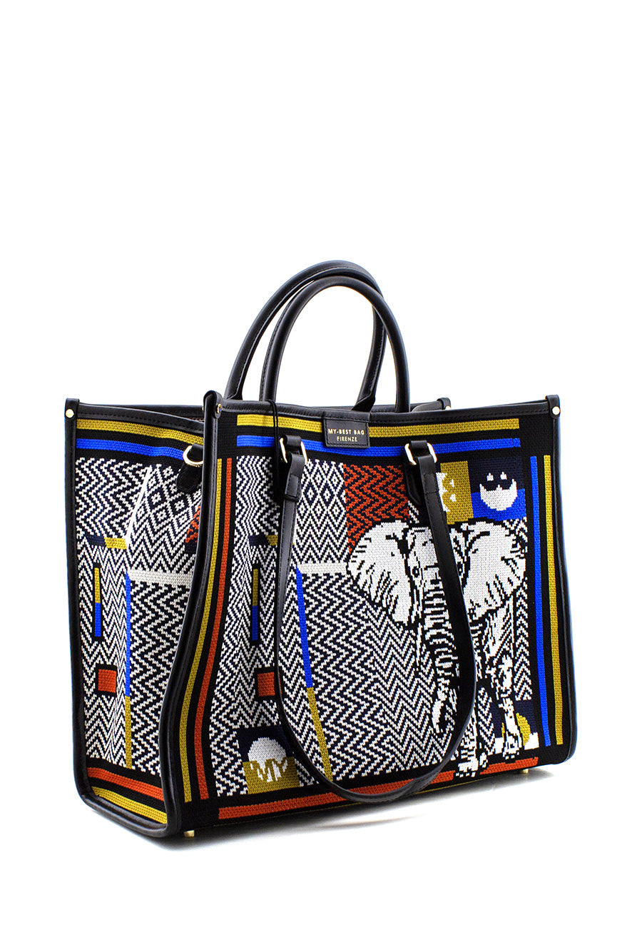 Shopper Atena Jungle in tessuto nero-bianco-blu-ocra My Best Bag