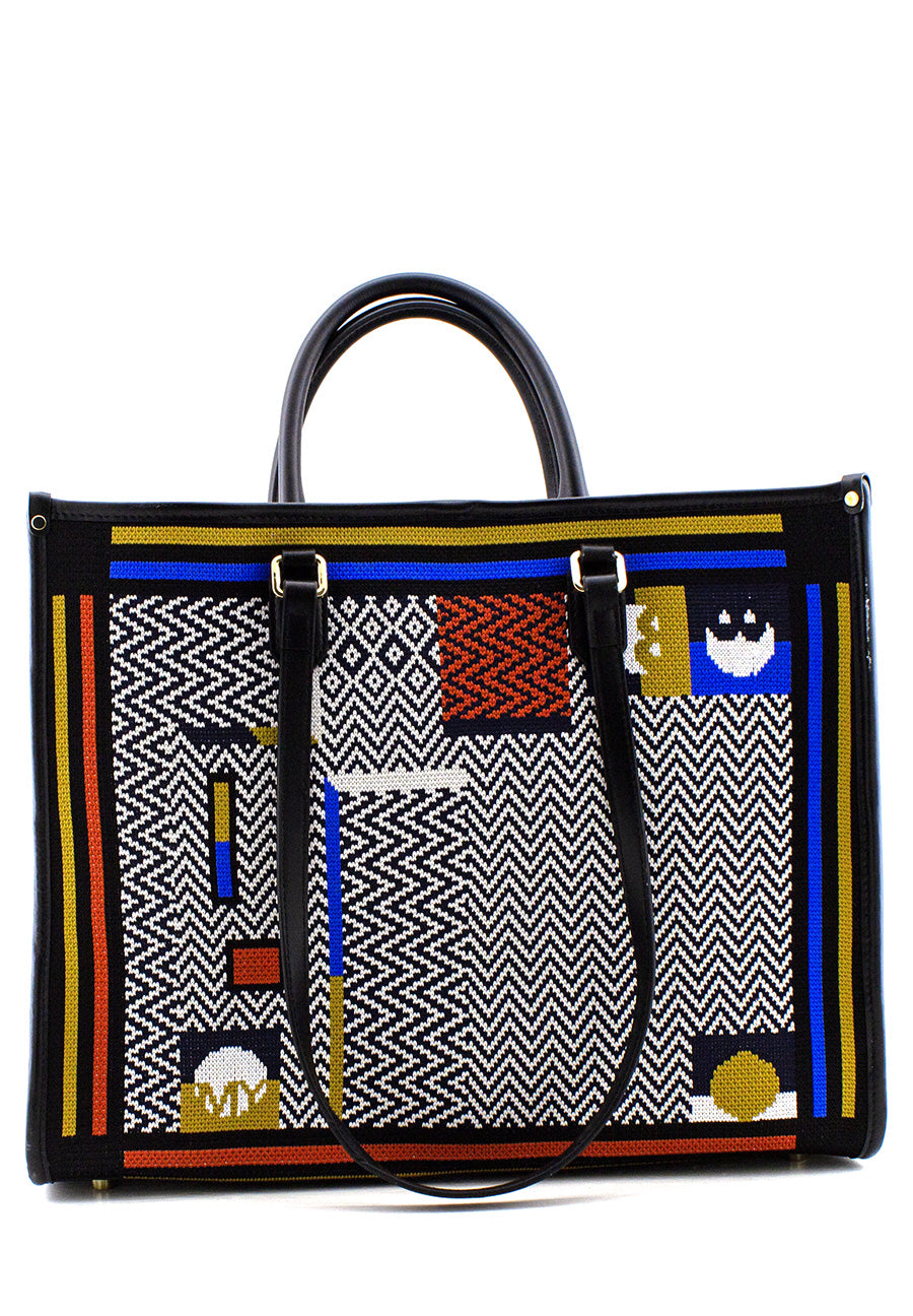 Shopper Atena Jungle in tessuto nero-bianco-blu-ocra My Best Bag